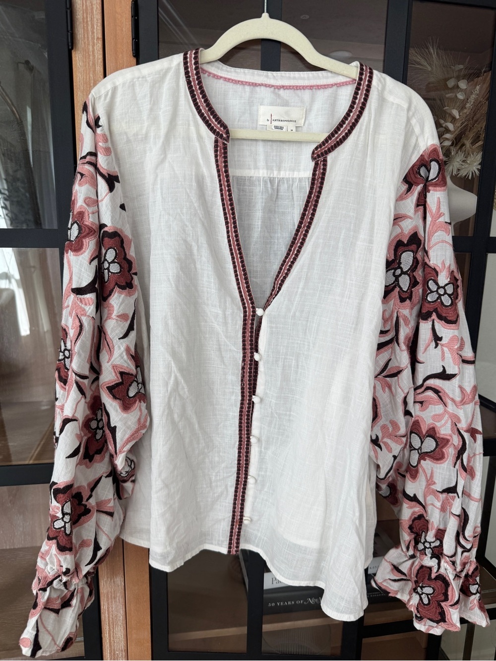 Anthropologie embroidered blouse long sleeve top plus curve cotton vneck floral